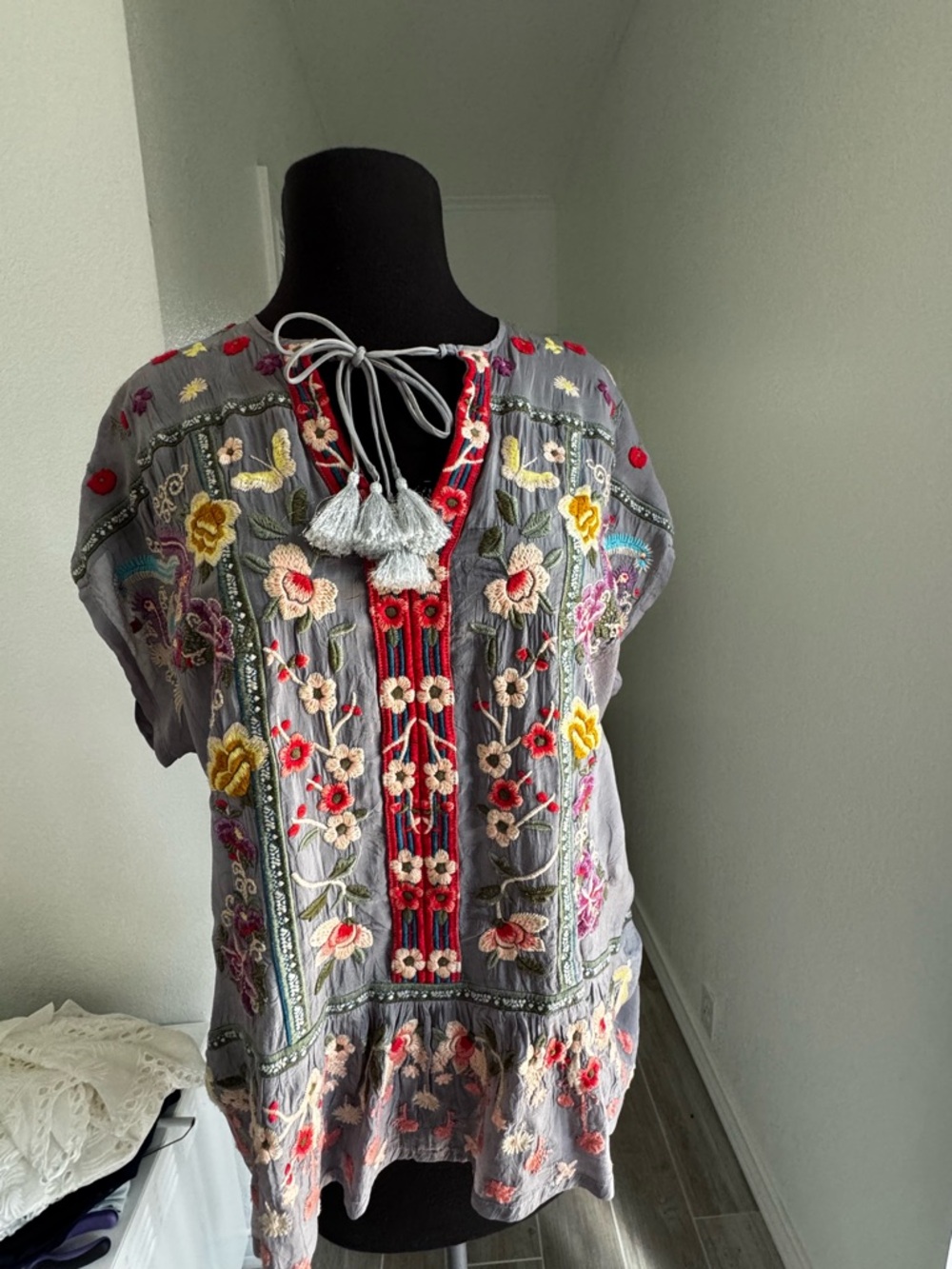 Johnny was. Embroidered Floral Panel in Slate Blue with Multicolor Accents small